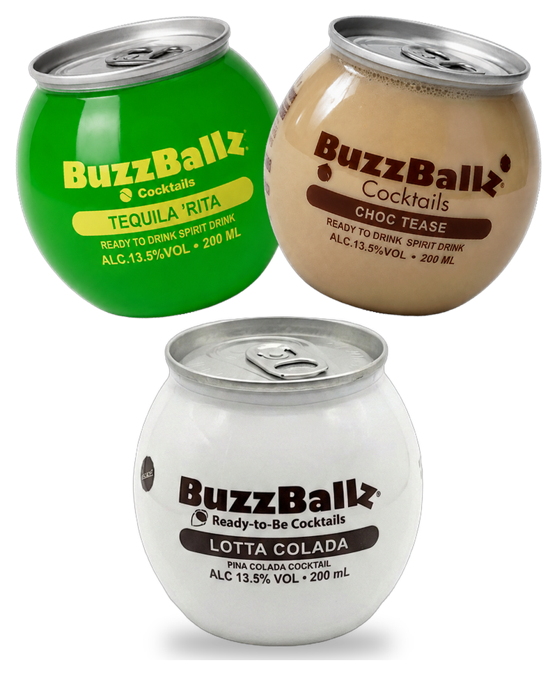 BuzzBallz Tequila 'Rita and Choc Tease cocktails raised in a cheers, with a Lotta Colada in front