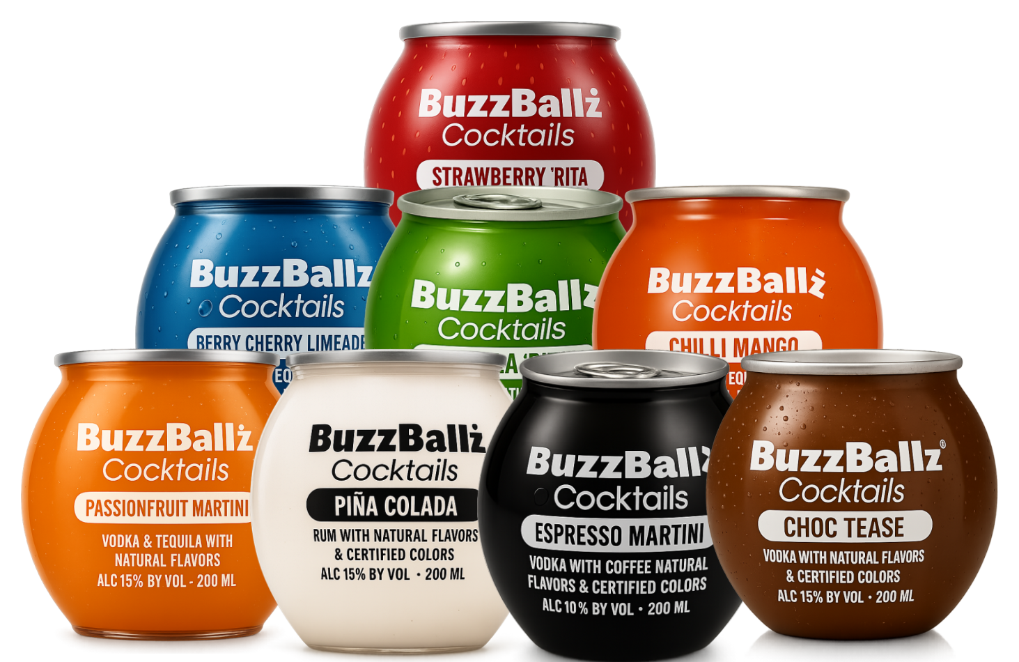 A pyramid of all eight BuzzBallz cocktail flavours from Buzz Plug NG