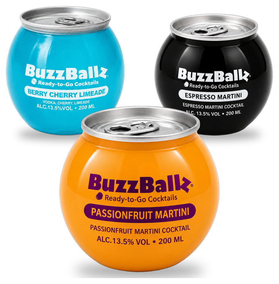 BuzzBallz Passionfruit Martini, Berry Cherry Limeade and Espresso Martini cocktails from Buzz Plug NG