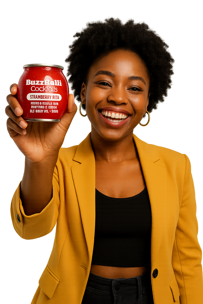 A happy model holding a Buzz Plug BuzzBallz Strawberry 'Rita cocktail